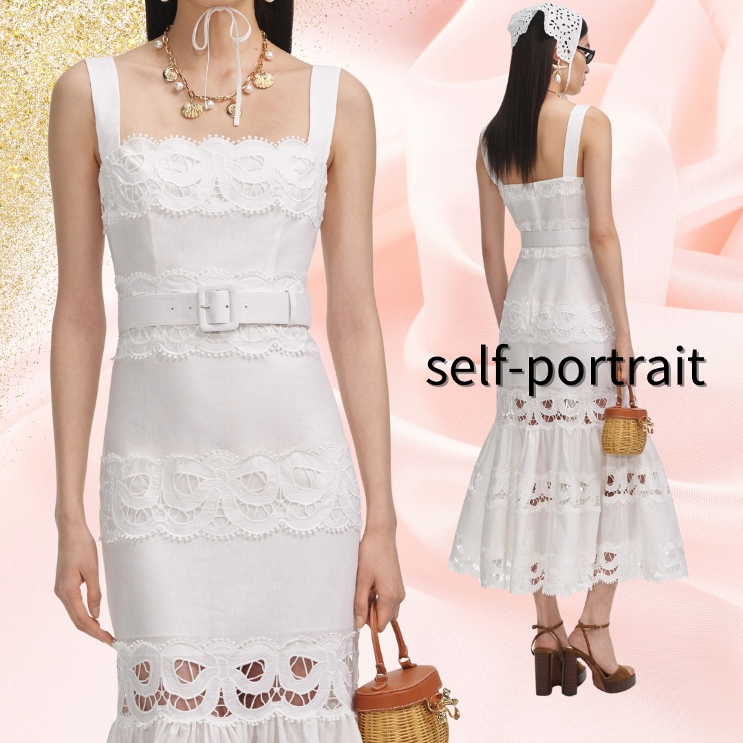 関税送料込：SELF-PORTRAIT リネンレースインサートミディドレス