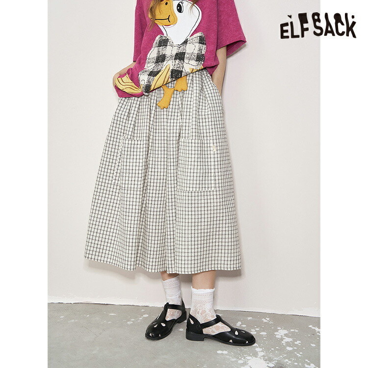 ELFSACK パンツ ズボン ボトムス チェック ワイドパンツ 9分丈