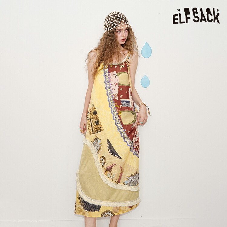 ELFSACK ワンピース オリジナル プリント ホルターネック ロング