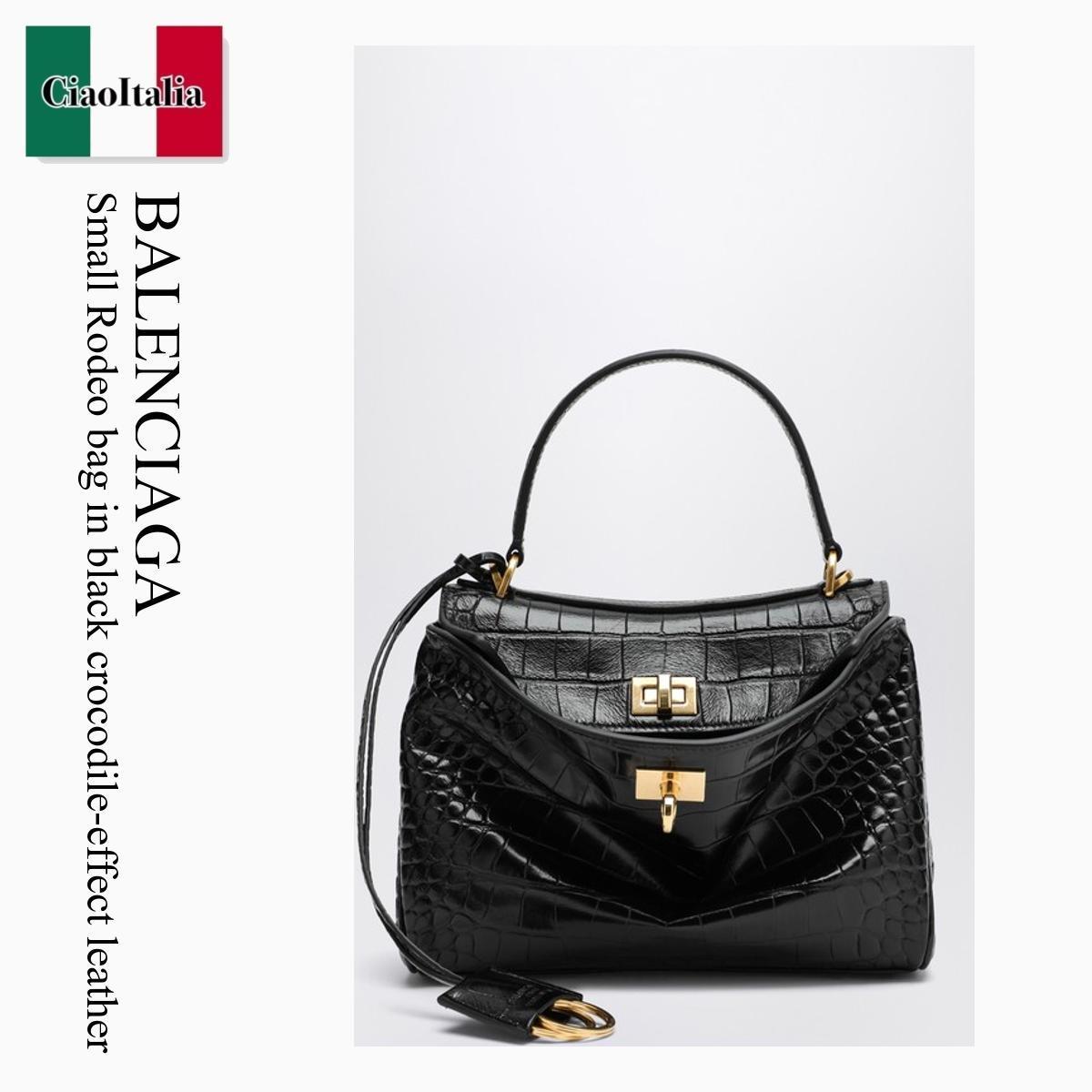 ハンドバッグ Balenciaga Small Rodeo Bag In Black Crocodile-Effect Leather