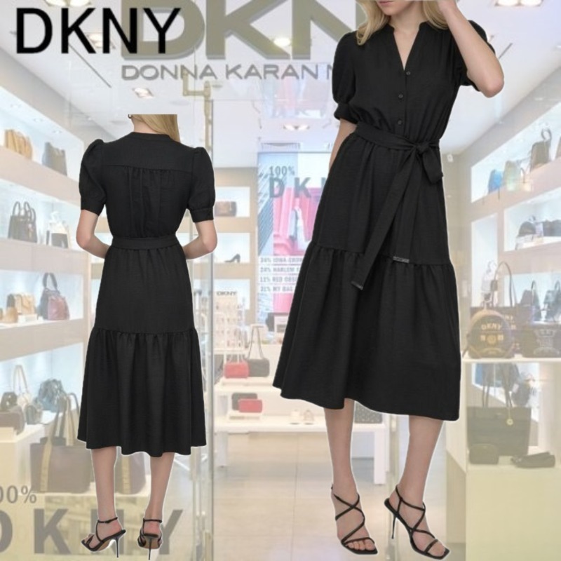 【DKNY】ショートパフスリーブティアードミディドレス