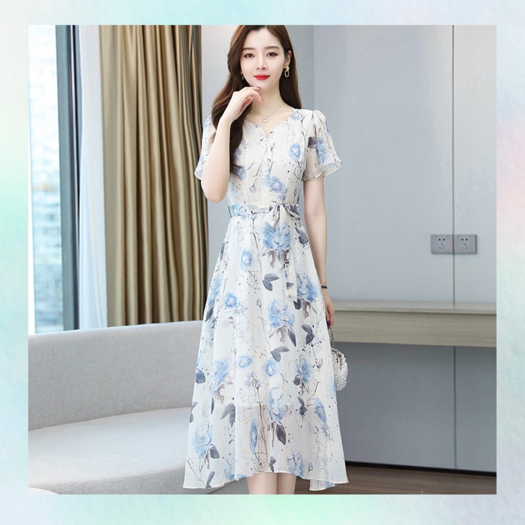 リボン シフォン ワンピース 花柄 ロング丈 半袖 体系カバー