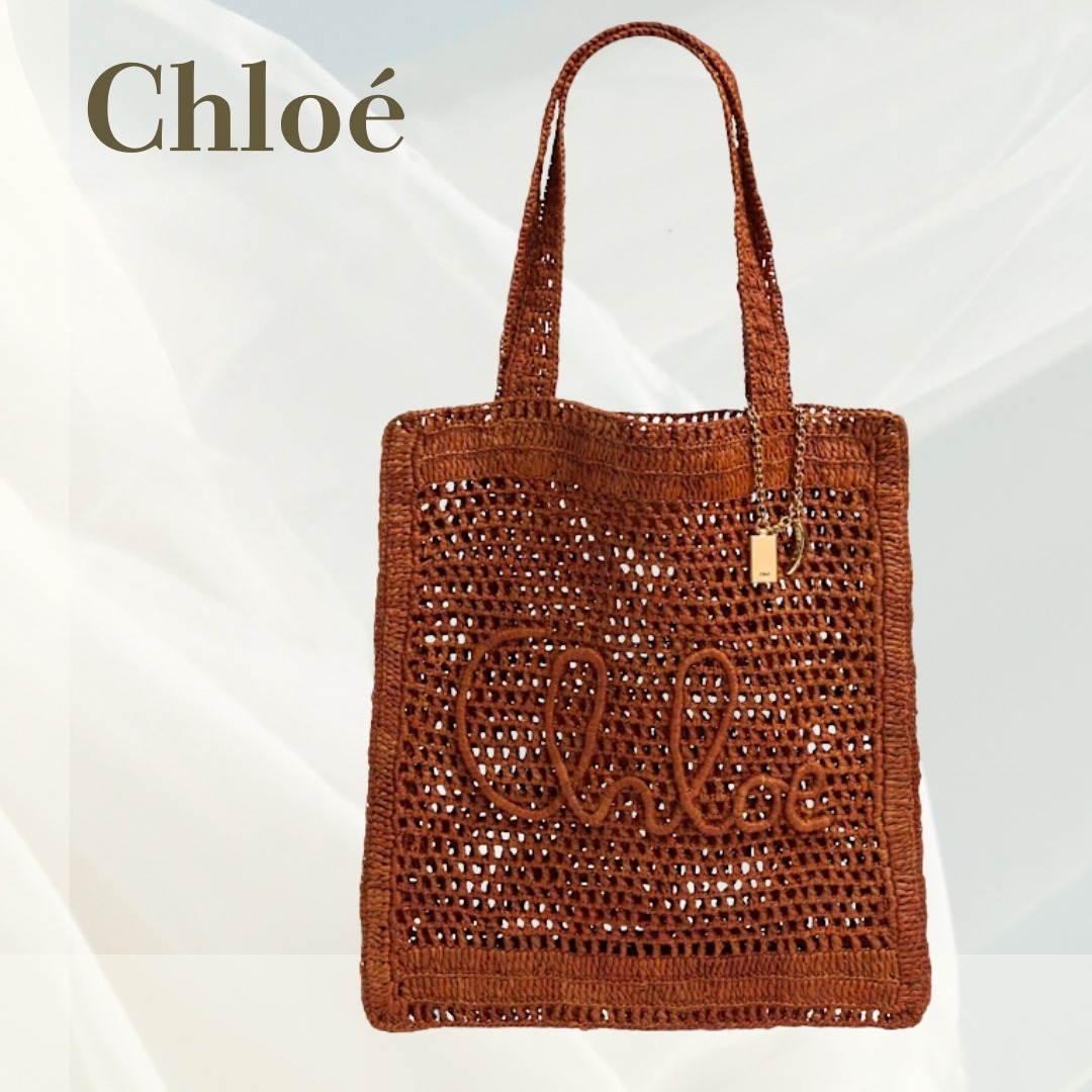 【Chloe】クロエ ロゴ刺繍 ラフィア トートバッグ