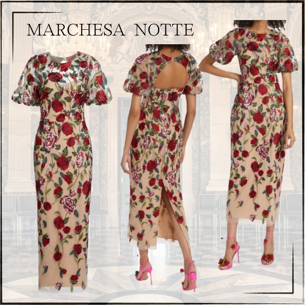 【Marchesa Notte】フローラル刺繍 パフスリーブ ミディ ドレス