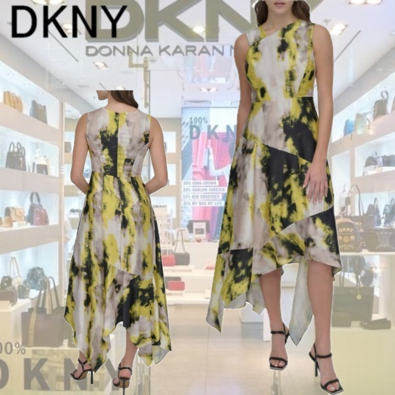 【DKNY】プリントパネルスカーフツイルミディドレス