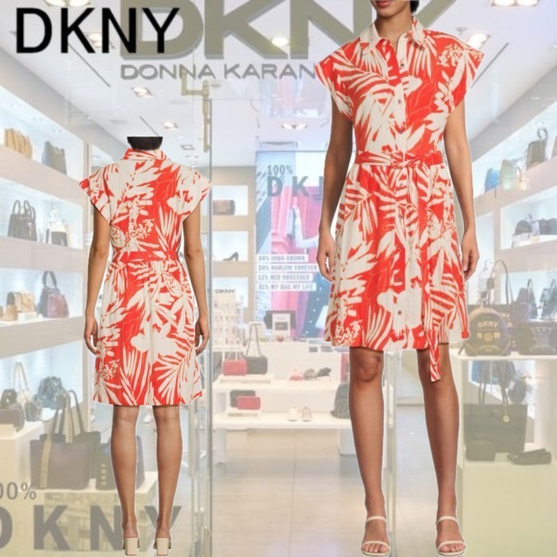 【DKNY】プリント ベルト付きシャツ ミニドレス