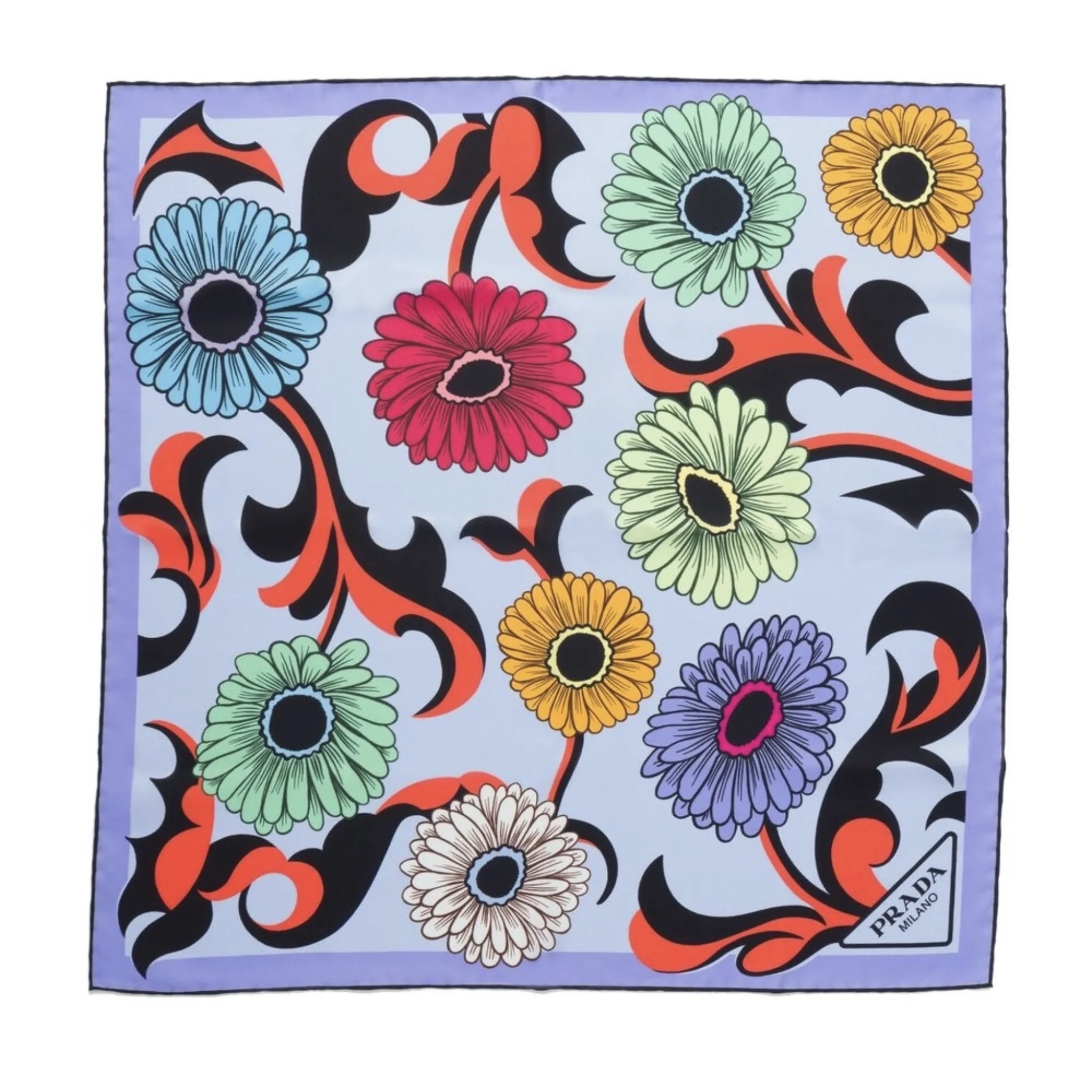PRADA シルク スカーフ 花柄 ロゴ ライトブルー