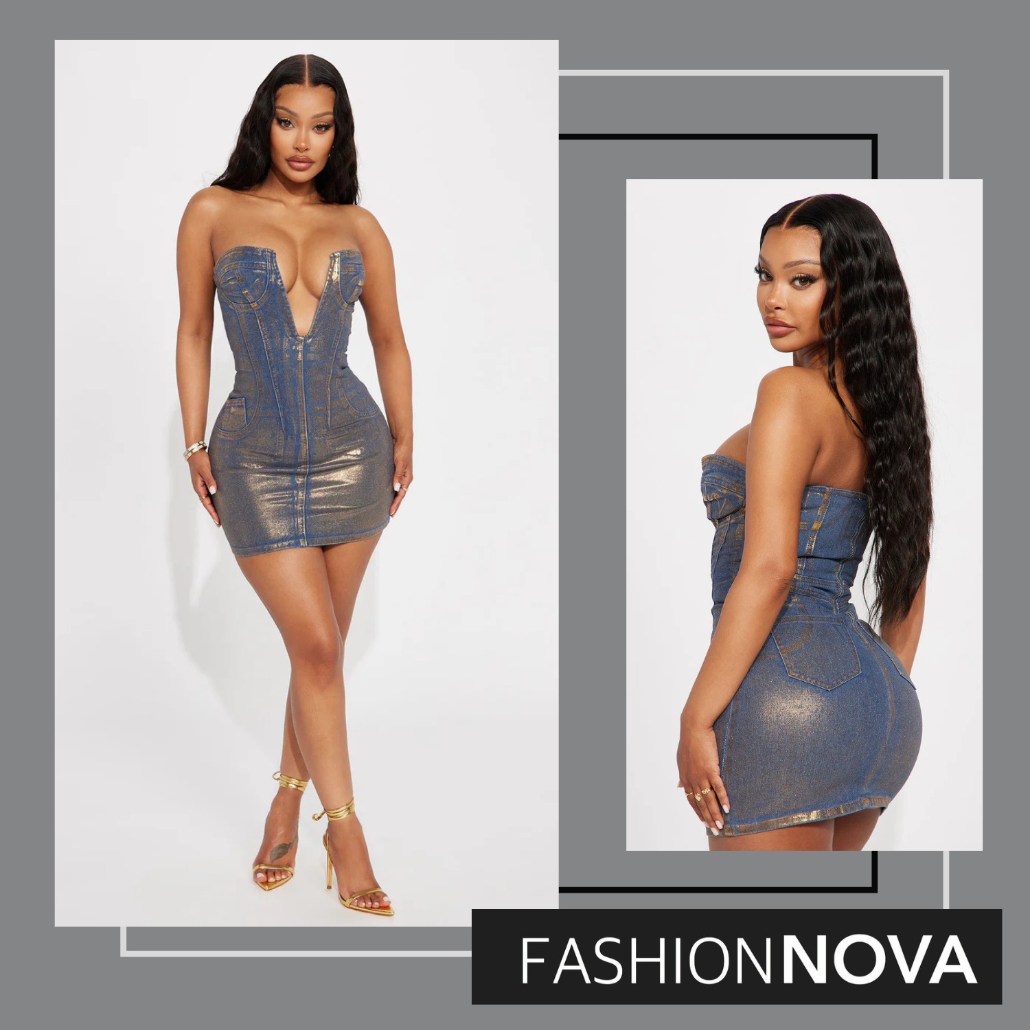送料/関税込み【Fashion Nova】ディープVミニデニムドレス