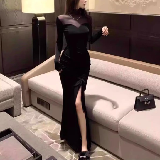 シースルー 長袖 ドレス セクシー パーティー ロング スリット