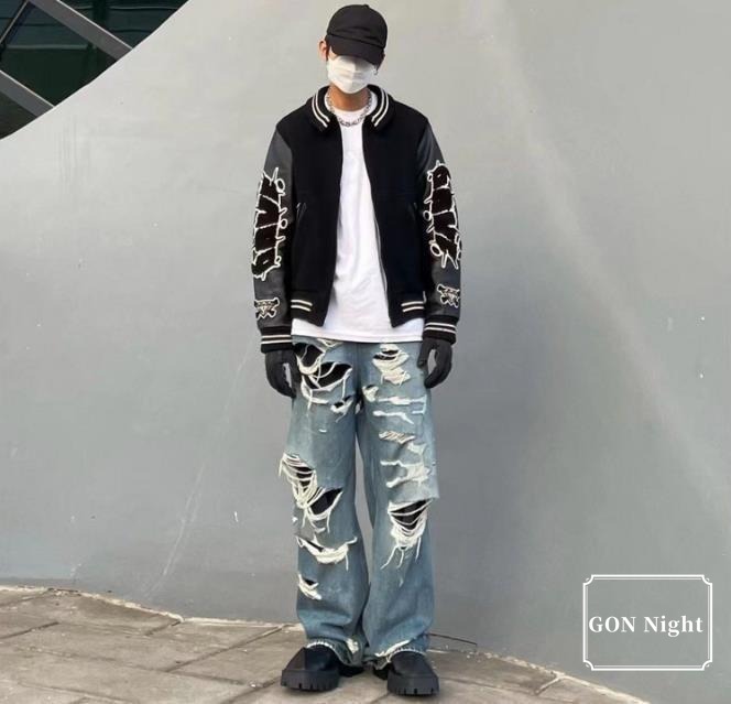 韓国 ストリート スタイル ダメージ 加工 ワイドジーンズ デニム