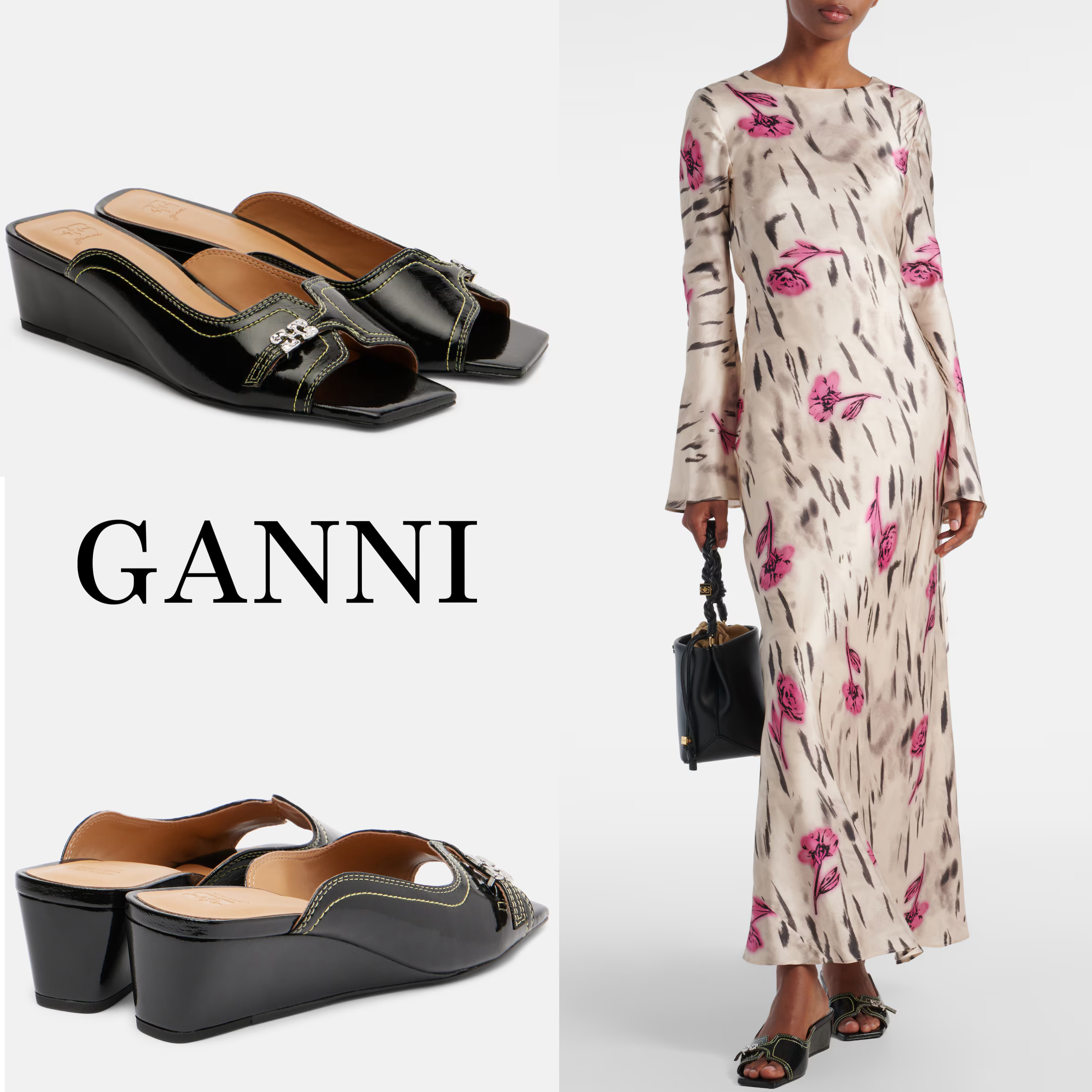 *GANNI*バタフライレザーウェッジミュール サンダル ロゴ付