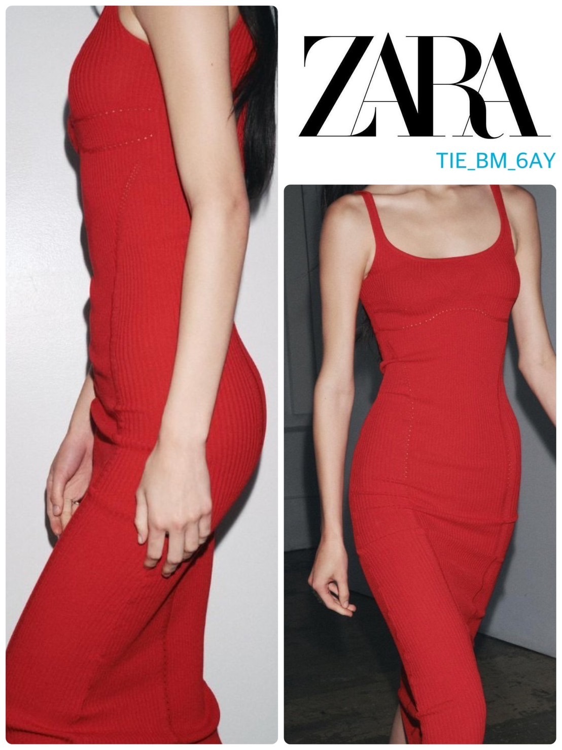 スペイン発送 ZARA フィットニットドレス 上品カジュアル レッド