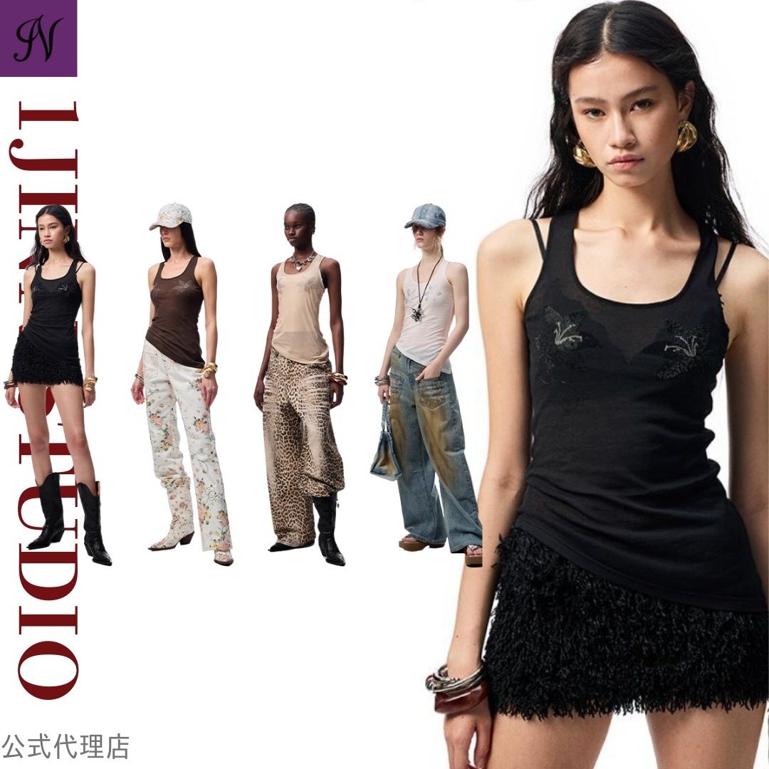 公式【1JINN STUDIO】 Flower Rhinestone Sheer Racerback Top