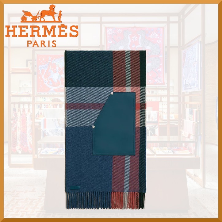 Hermes タータンポケット・キュイール・アップリケ マフラー
