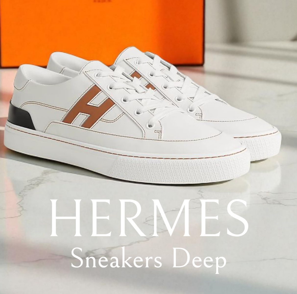 メンズ*HERMES*Deep レザースニーカー ホワイト ブラウンHロゴ