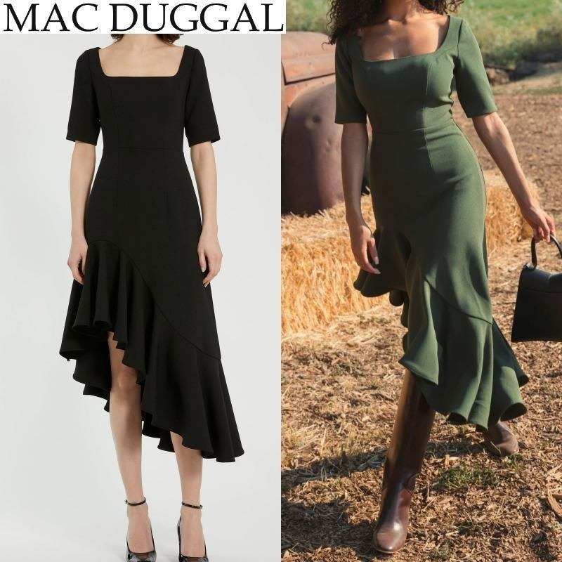 【Mac Duggal】クレープ 7分袖 アシンメトリーヘムドレス