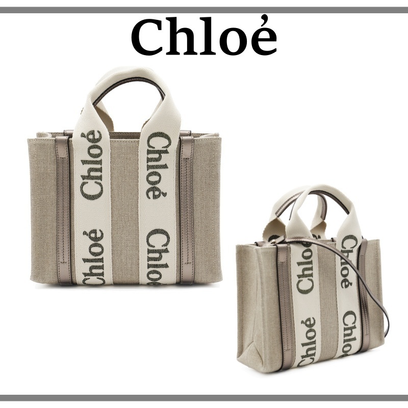 ◆Chloe◆クロエ リネン＆レザー製Woodyスモールトートバッグ