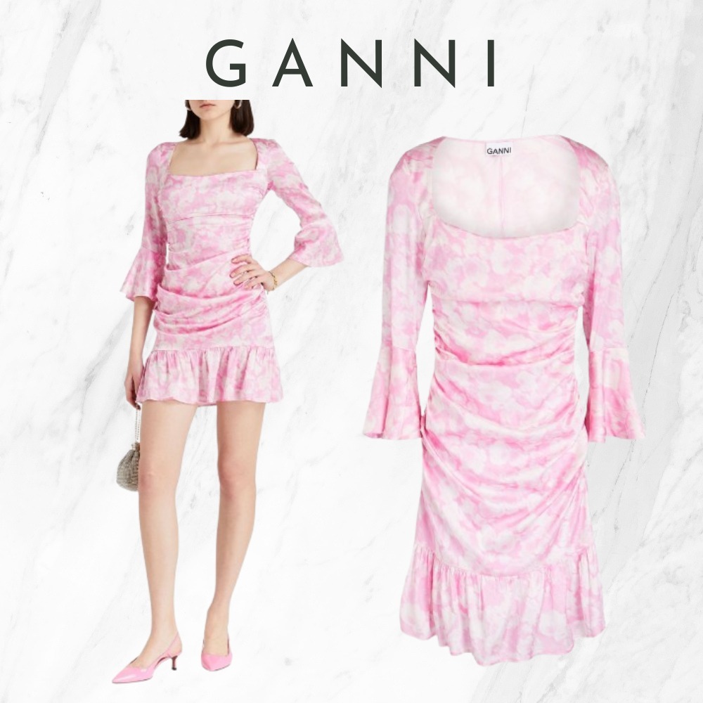 【Ganni】ピンク シルク混サテン ミニワンピース ドレープ