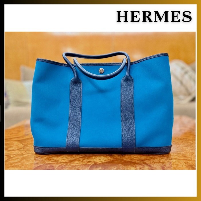 【美品 /ライトブルー&ネイビー】HERMES ガーデンパーティー 36