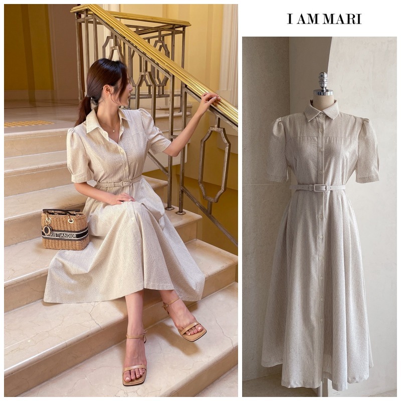 ● I AM MARI ● Canela Stripe Collar Shirt Dress (Belt Set)