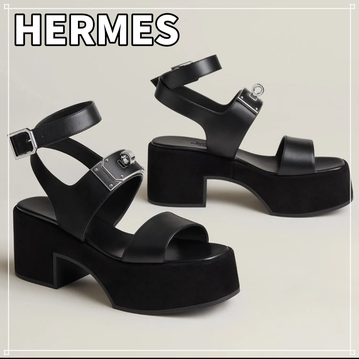 ケリー金具 HERMES Lola 35 サンダル 厚底 ブラック ヒール