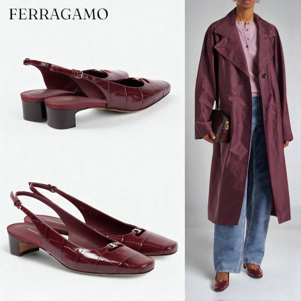 関税込☆FERRAGAMO☆クロコダイル風 レザーパンプス563