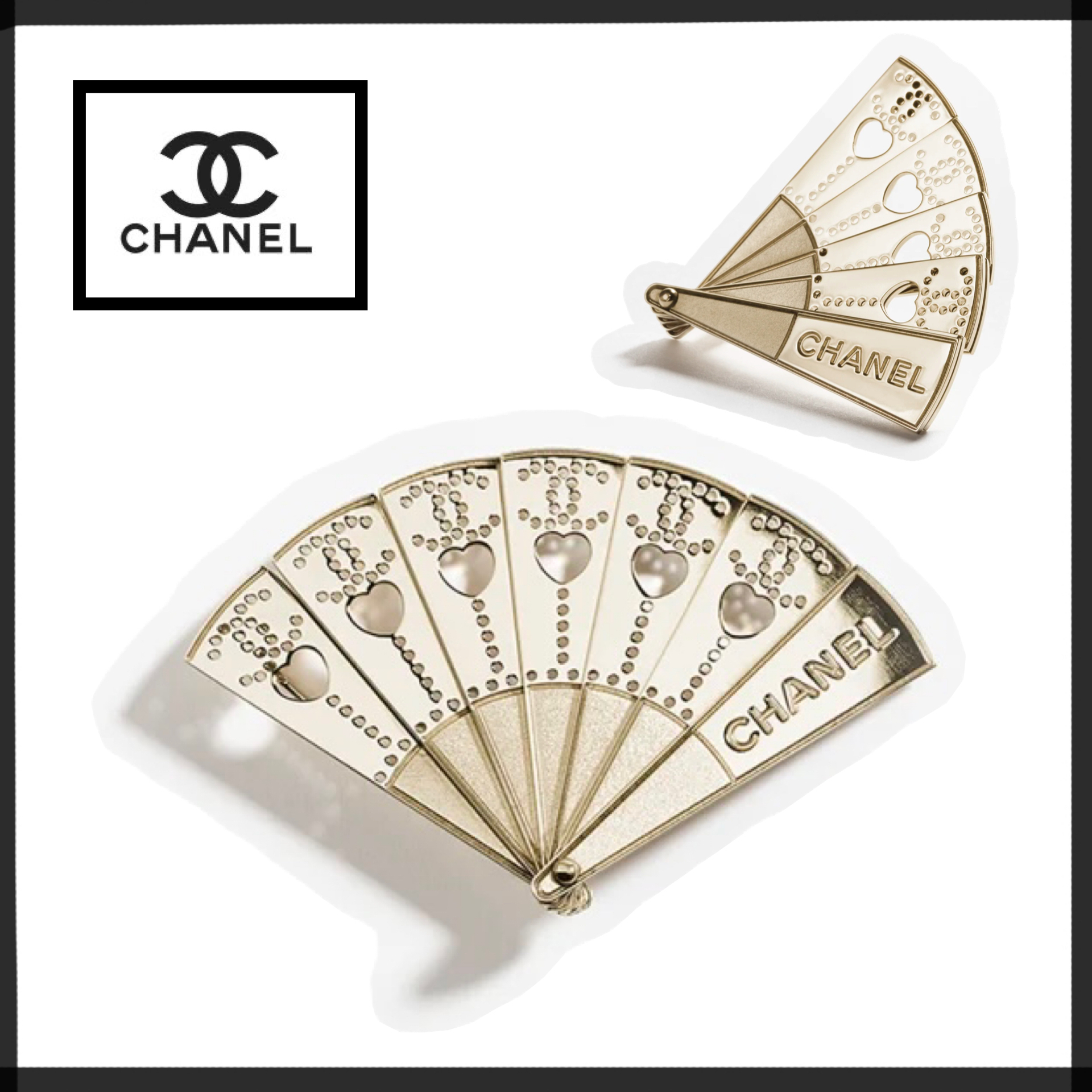 華やぎ添える扇子モチーフ【CHANEL】メタルブローチ ゴールド