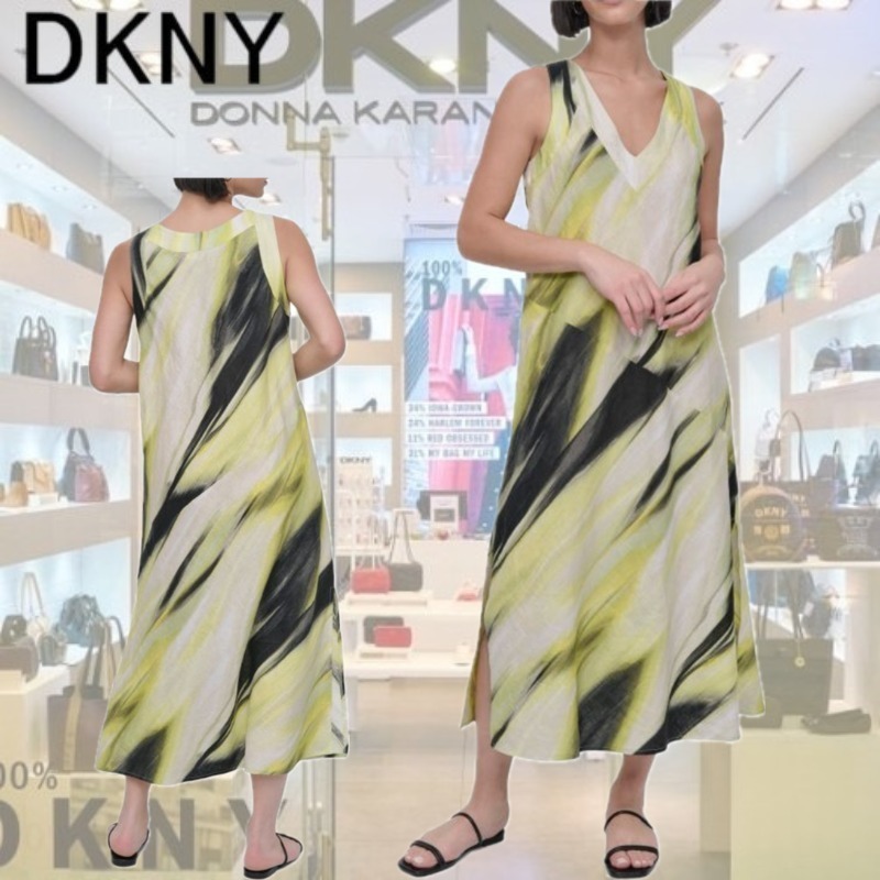 【DKNY】ブラシストロークプリントリネンミディドレス