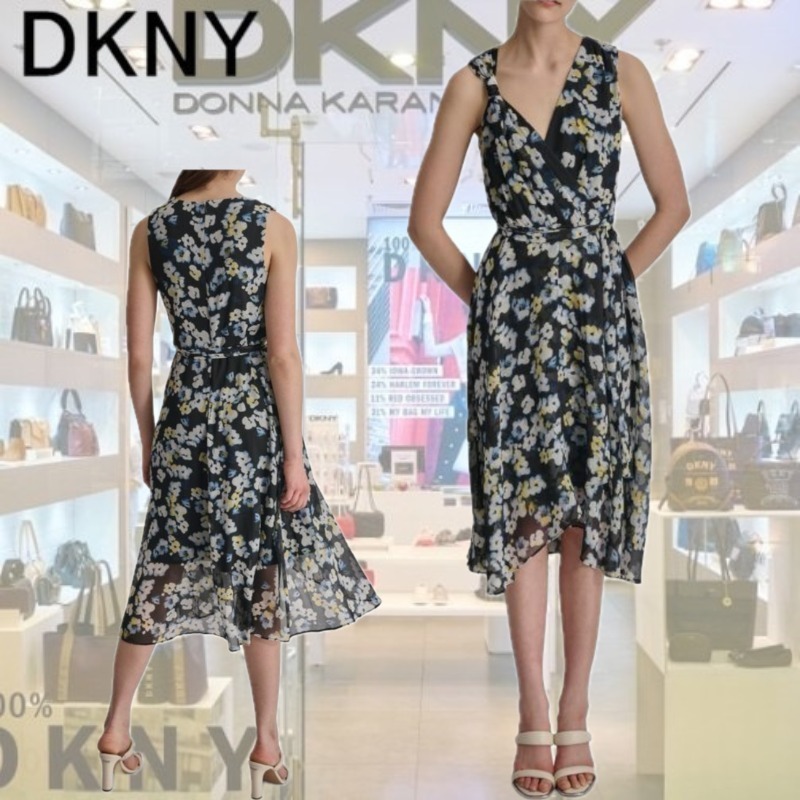 【DKNY】フローラルノットショルダーアシンメトリーミディドレス