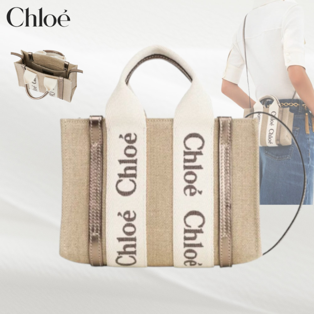 【Chloe】リネン＆レザー製Woodyミニトートバッグ