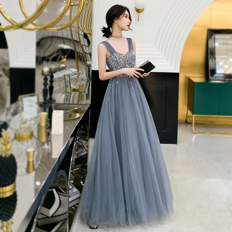 結婚式 フレア レース パーティードレス ブルー 韓国