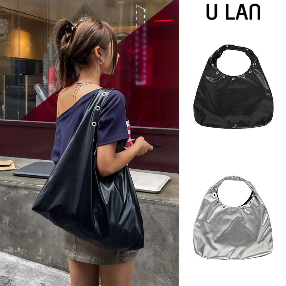 【U LAN】Punching Stud Glossy Shoulder Bag