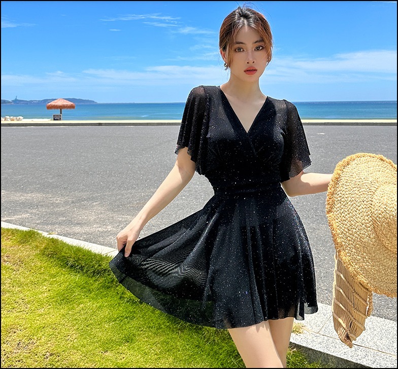 水着ワンピース風 フレアスカート 半袖 グリッター 大人可愛い