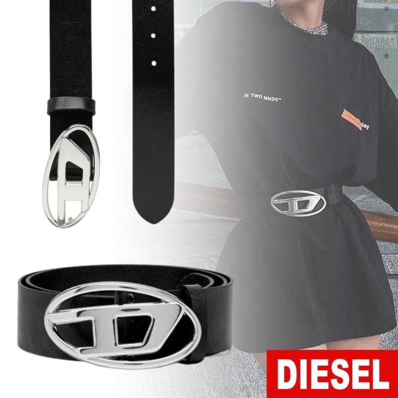 DIESEL 存在感抜群☆ オーバルロゴ レザーベルト B-1dr W