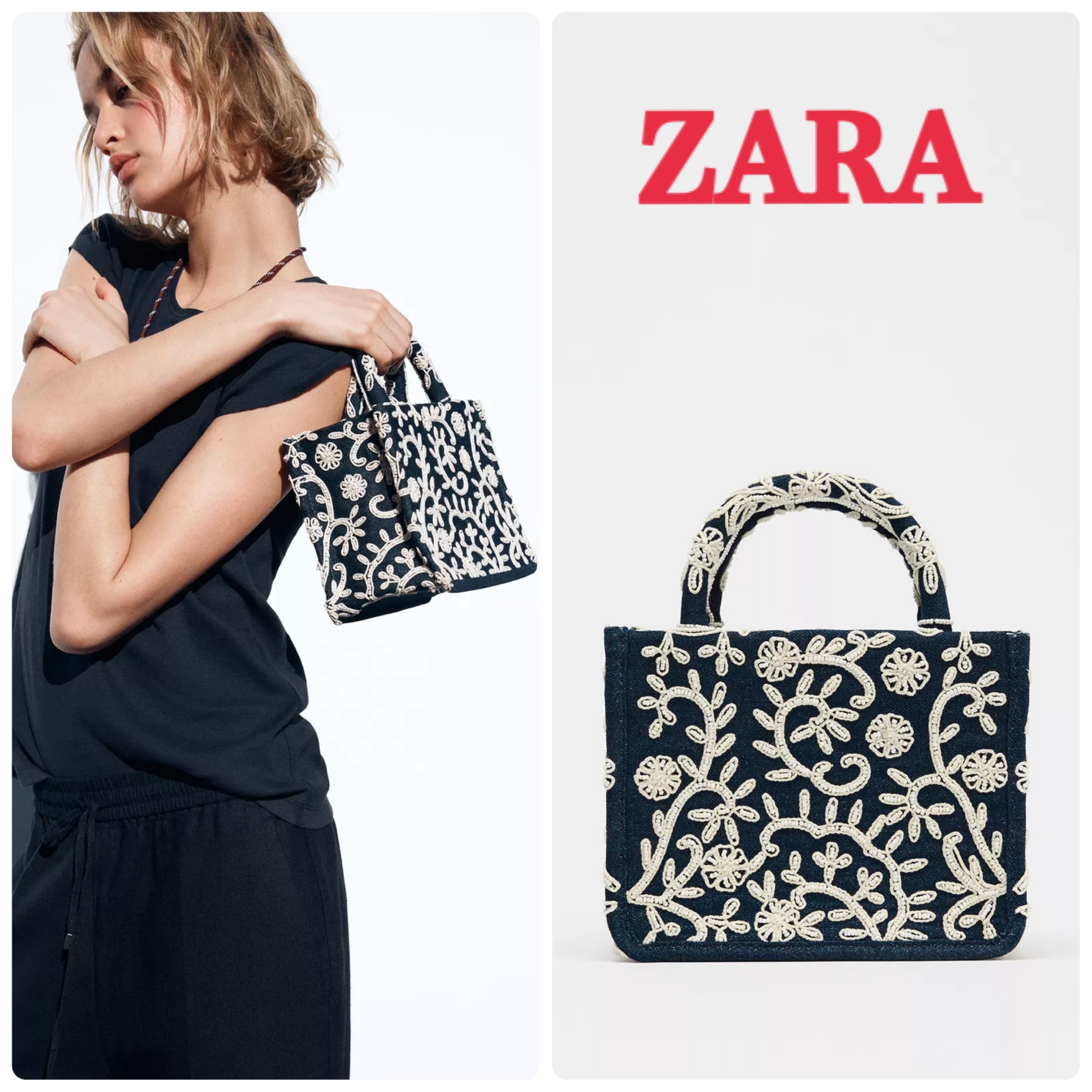 完売品 ZARA 刺繍ディテール入りデニムハードシティバッグ