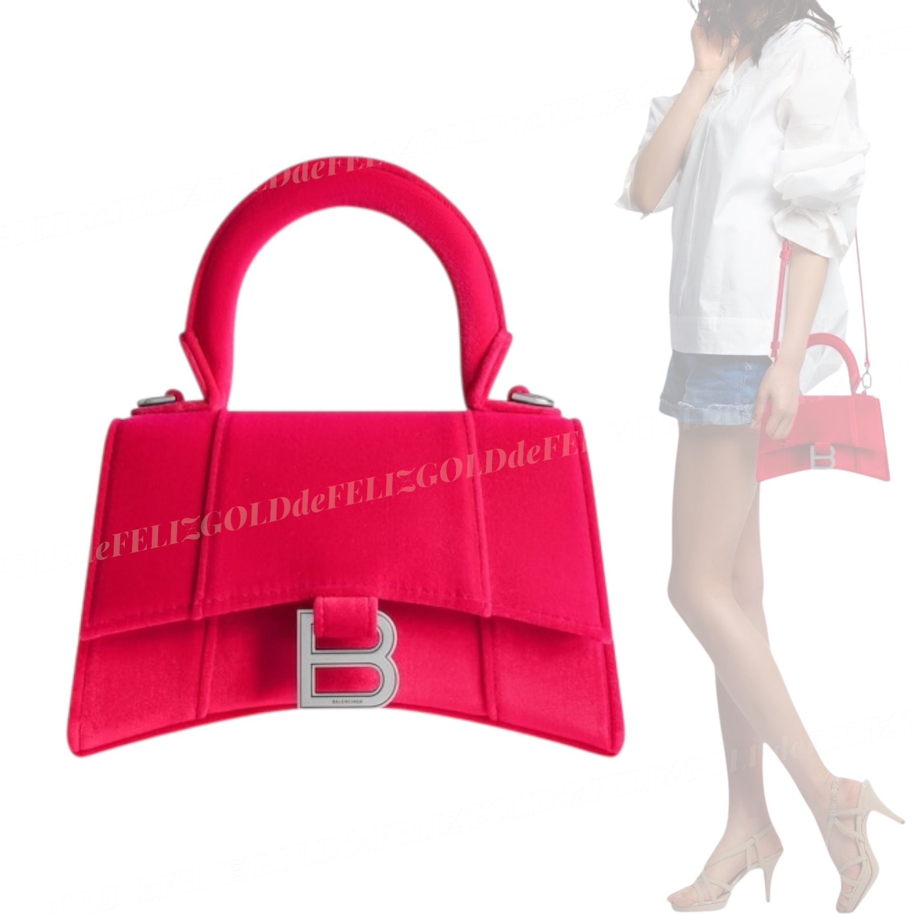 ハンドバッグ BALENCIAGA HOURGLASS XS HANDBAG VELVET JERSEY
