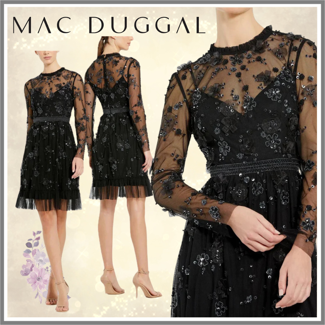 【Mac Duggal】シアロングスリーブエンベリッシュミディドレス