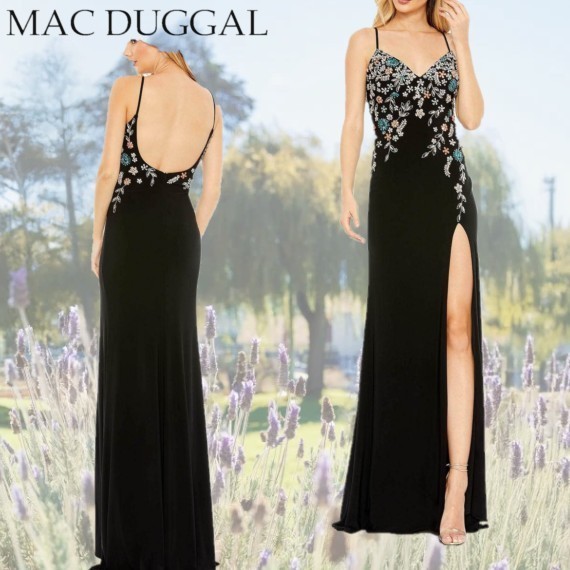 【Mac Duggal】Vネックビーズフローラルプロムガウン