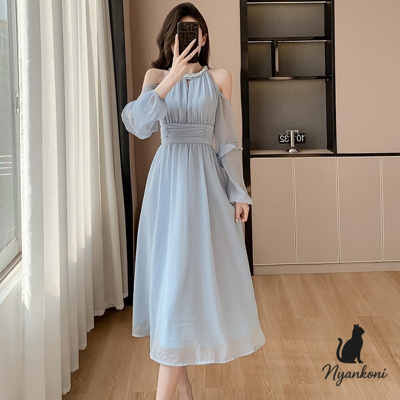 水色オープンショルダーパーティードレス春夏用