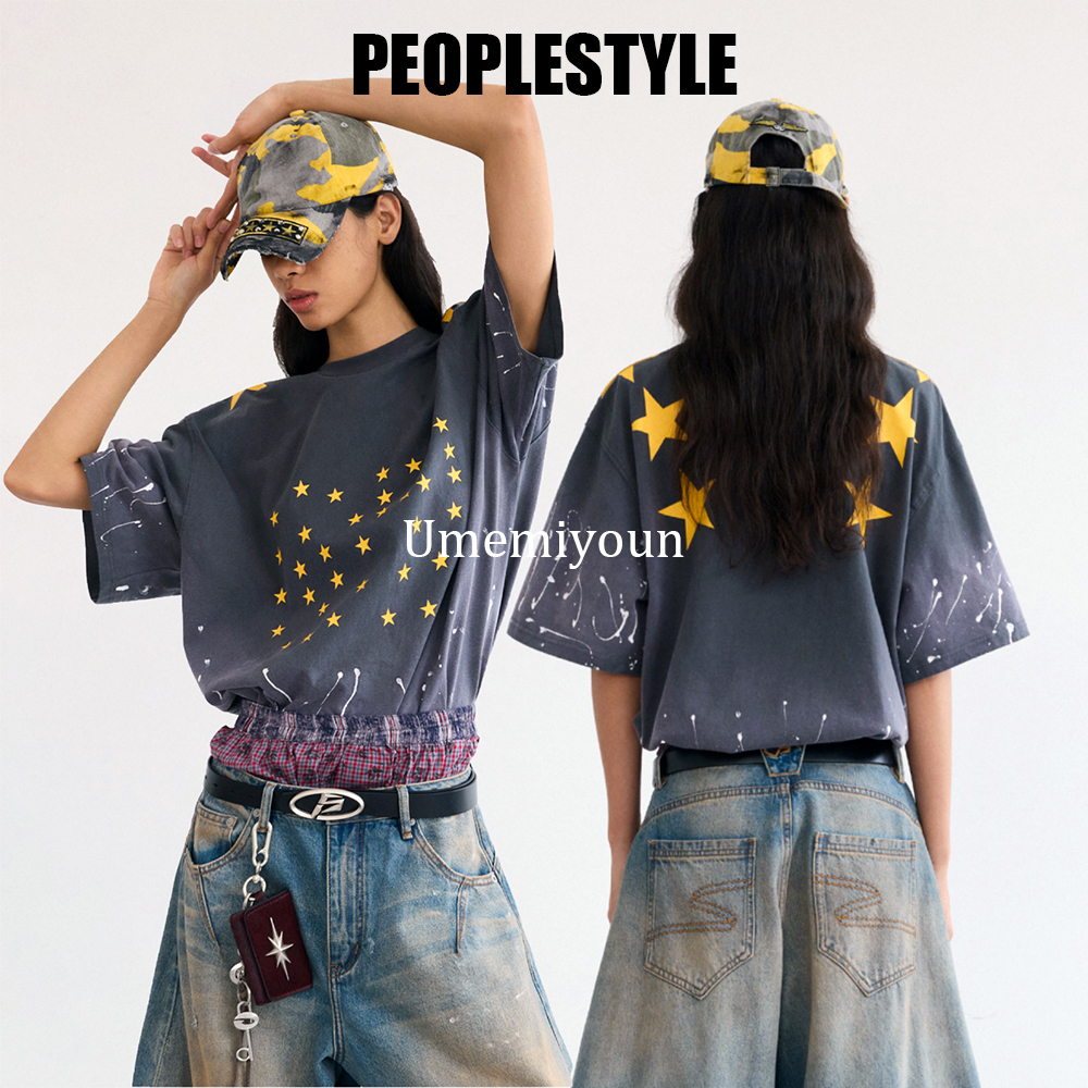 PEOPLESTYLE 星プリント ウォッシュド 綿 Ｔシャツ 男女兼用