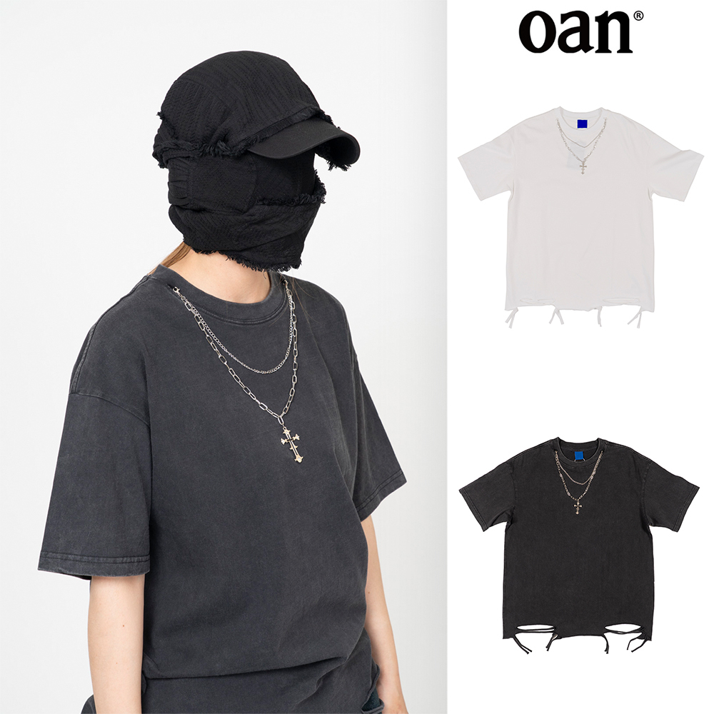 【oan】Cross Necklace Damage Pigment Short Sleeve T-Shirt