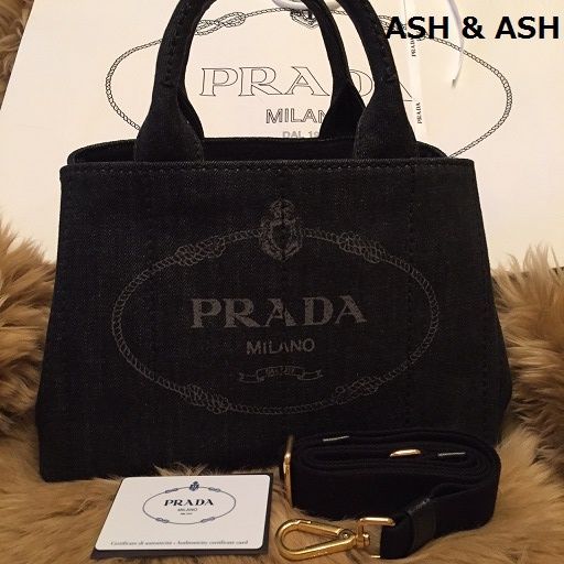 ♪国内発送 可 PRADA カナパ トート デニム 黒 ショルダー付き ショッピング PRADA♡カナパ トートバッグ