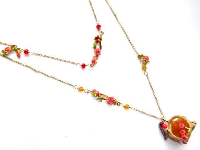 即発 フランス レネレイド 2連ネックレス 鳥 鳥かご 花 石 N2 (Les