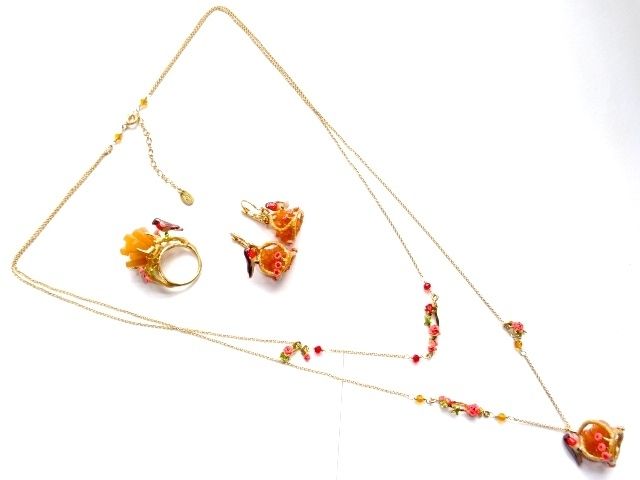 即発 フランス レネレイド 2連ネックレス 鳥 鳥かご 花 石 N2 (Les