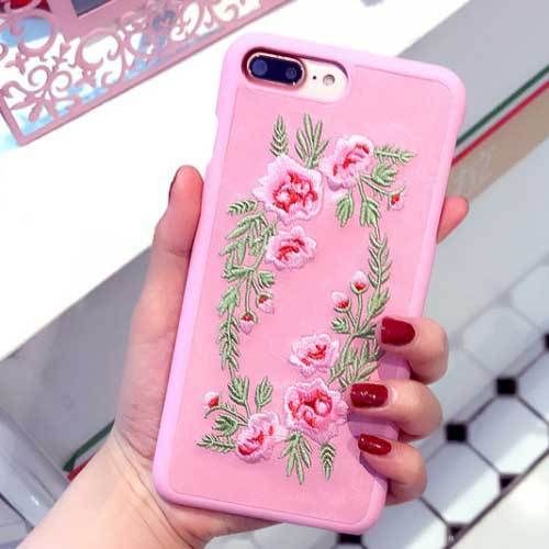 バラ柄刺繍ローズフラワーブラックピンクレザー調iphoneケース