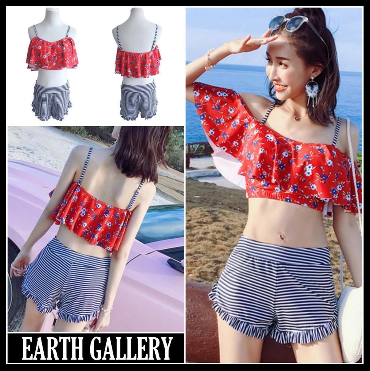 タンキニ 水着 ボーダー 花柄 フレア オフショルダー 赤 (タンキニ) 34935310【BUYMA】