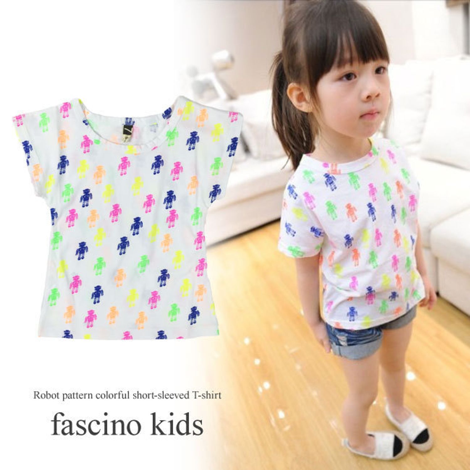 韓国子供服 カラフル ロボット プリント 半袖ｔシャツ 白 キッズ用トップス Buyma