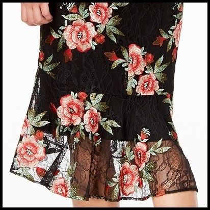 新着】カルバンクライン 黒メッシュx赤薔薇刺繍ミモレ丈ドレス