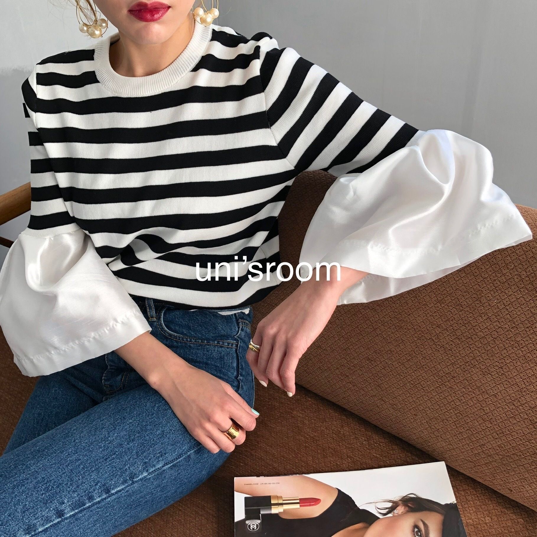 韓国□3色 袖ふんわり広がる!異素材ミックス ニットTシャツ (Tシャツ
