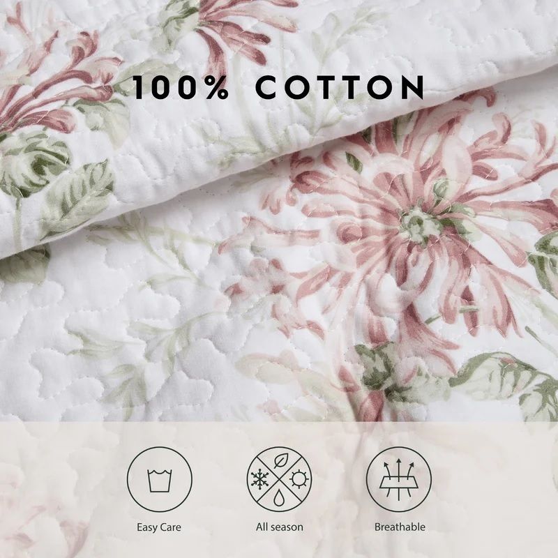 速達便★Laura Ashley★花柄刺繍キルト3点set クイーン/キング 速達便☆ピンク花柄コットンキルトカバー3点set クイーン/キング
